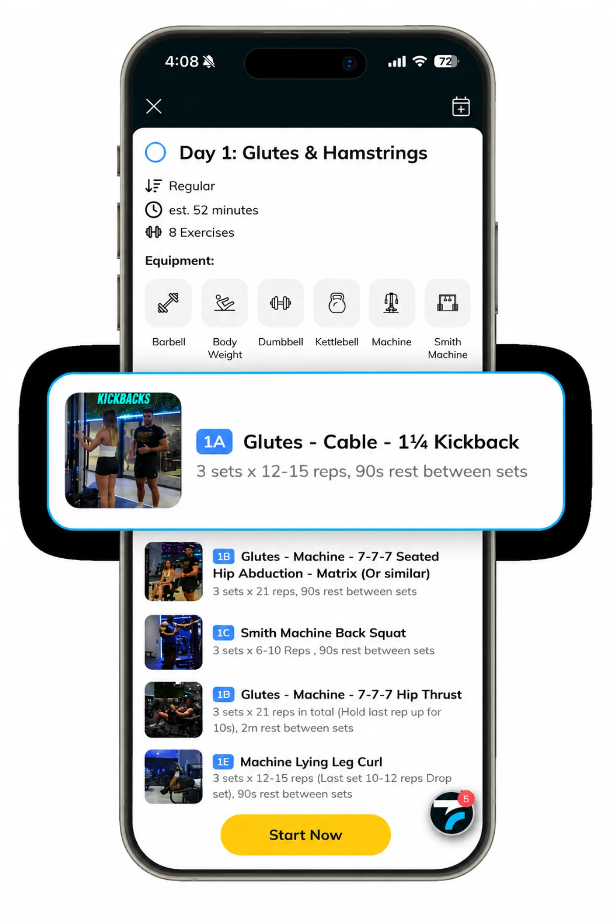 The Chasing Better Plus app showing a personalised glutes and hamstrings workout with exercise videos, sets and reps