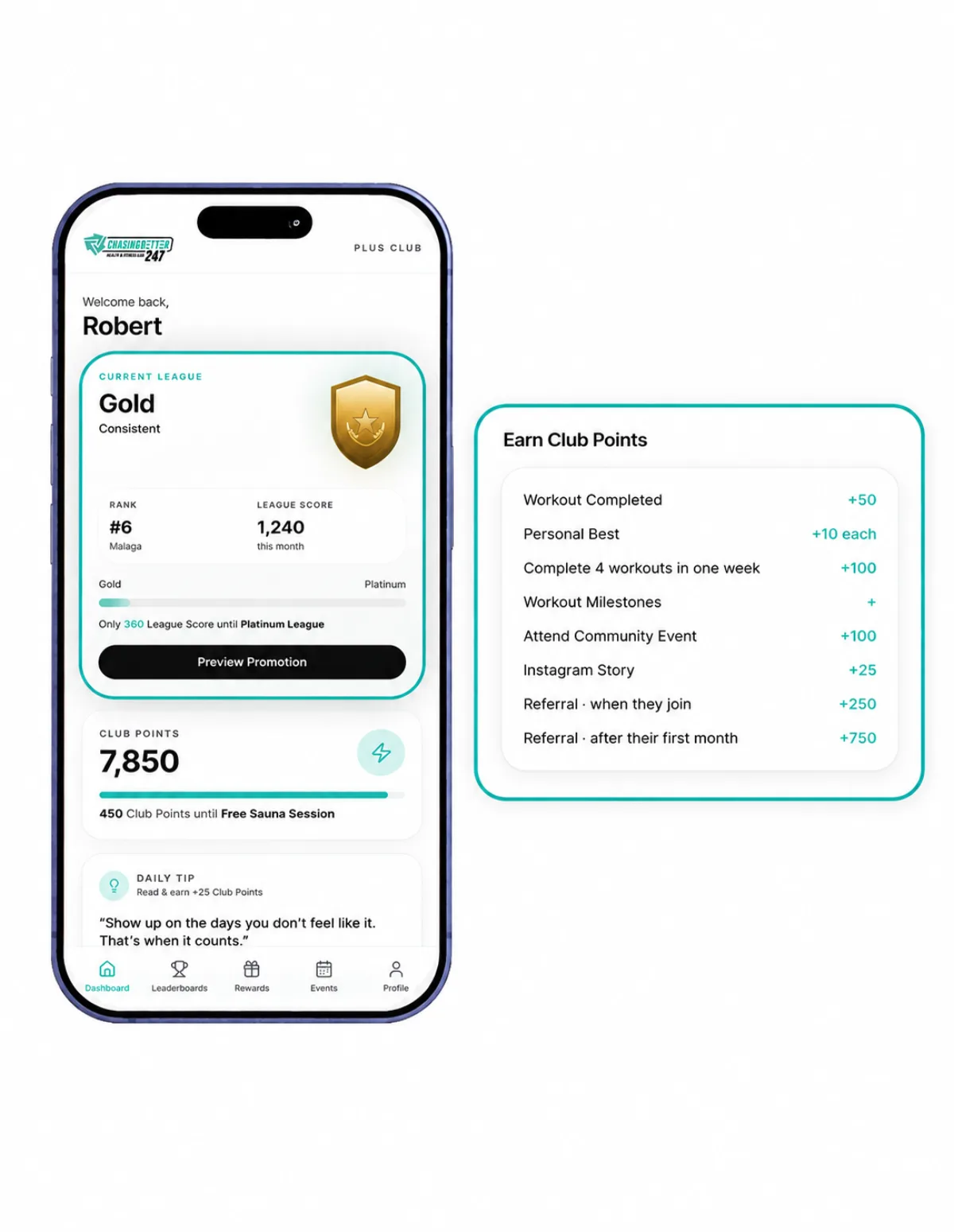 The Chasing Better Plus app showing Club Points earning opportunities, including workout completed, personal best, community events, referrals and masterclasses