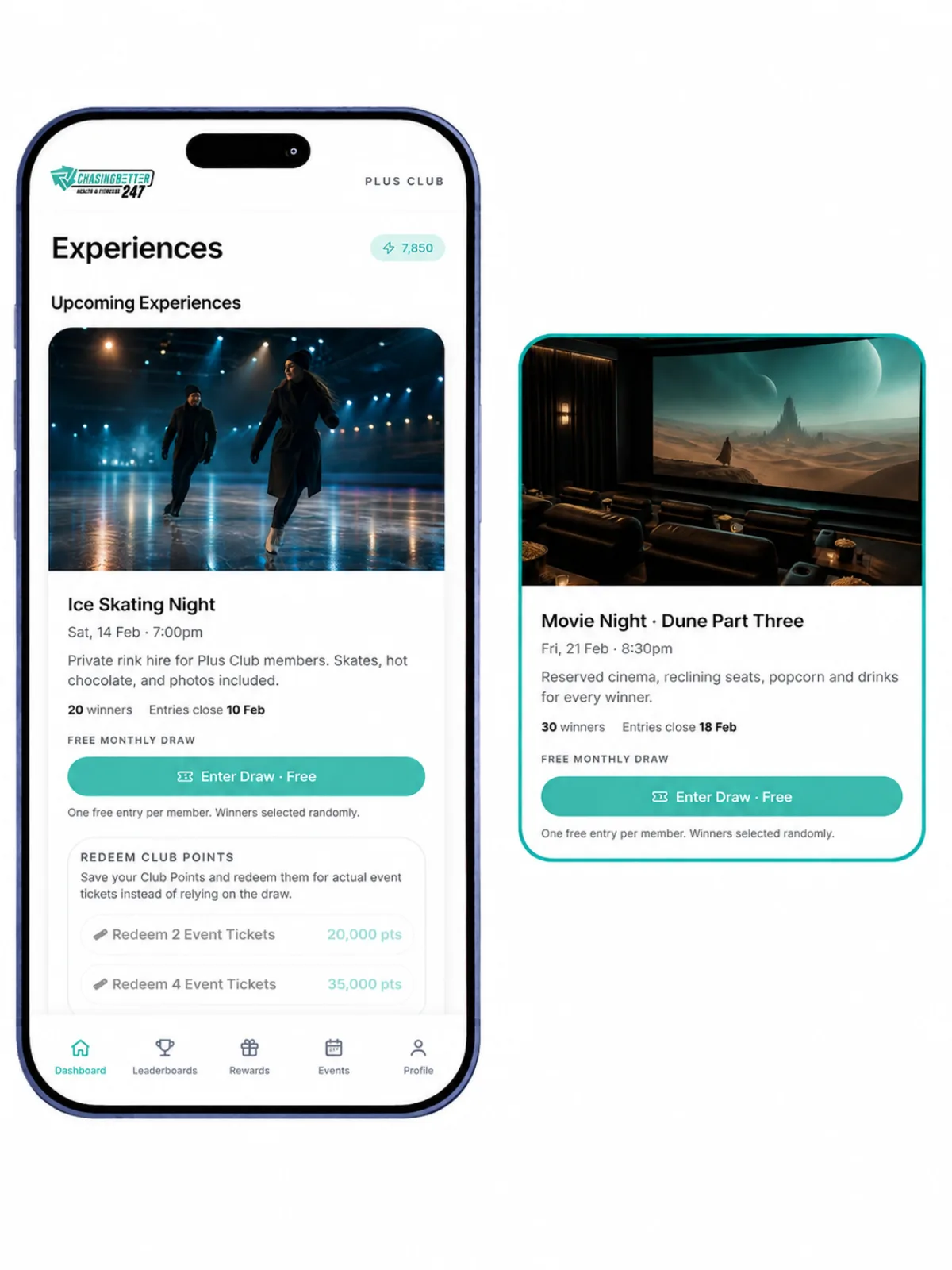 The Chasing Better Plus app showing exclusive member experiences, including Ice Skating Night and Movie Night draws that can be entered or redeemed with Club Points