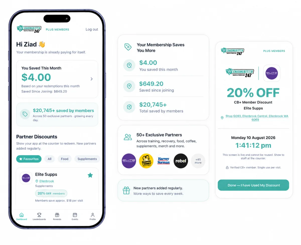 The Chasing Better Plus app showing member savings, partner discounts and exclusive perks